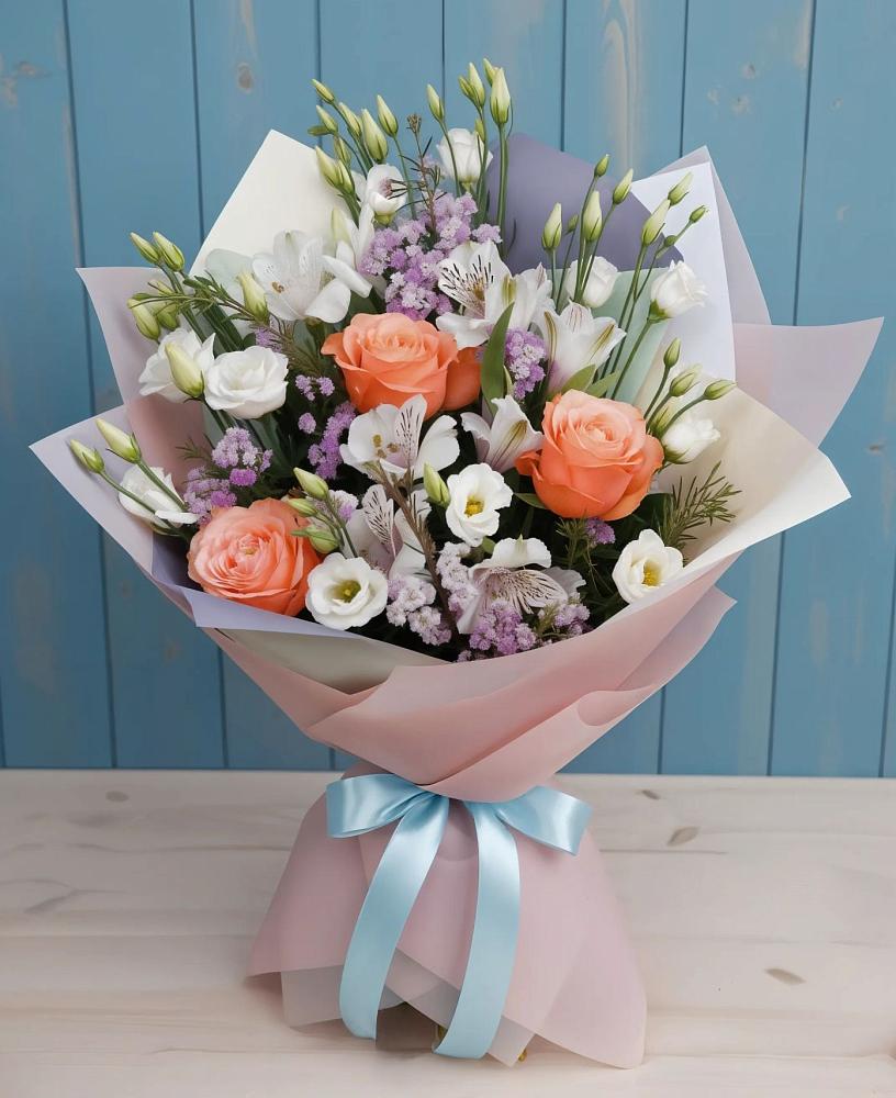 Букет цветов из: Лизиантусы, Розы, Альстромерии и Гипсофила в Верее Раменского района