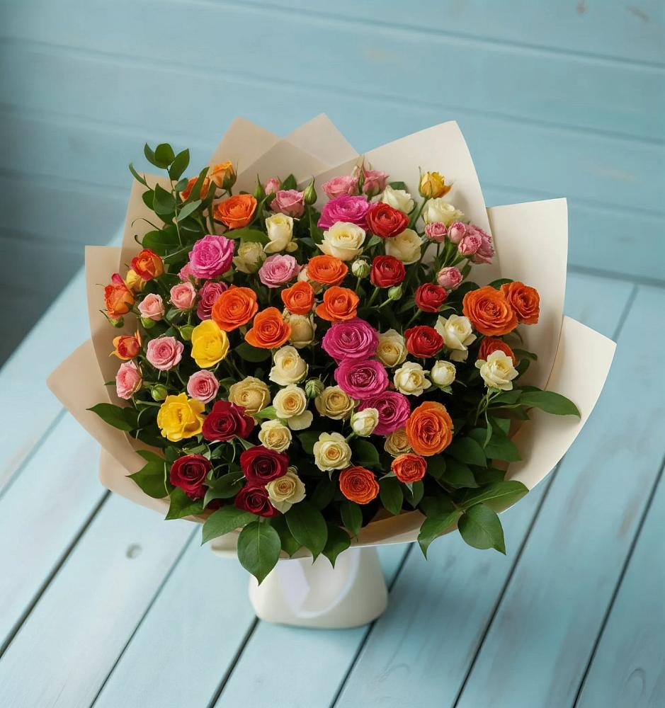 Букет Микс из разноцветных кустовых роз в Верее Раменского района
