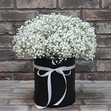 Цветочная композиция из Гипсофила в шляпной коробке в Верее Раменского района